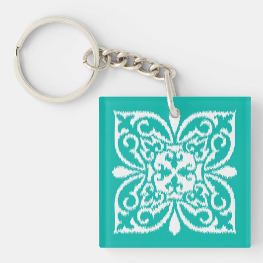 Ikat damask patroon - turkooizen en wit sleutelhanger (Voorkant)