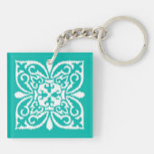 Ikat damask patroon - turkooizen en wit sleutelhanger (Achterkant)
