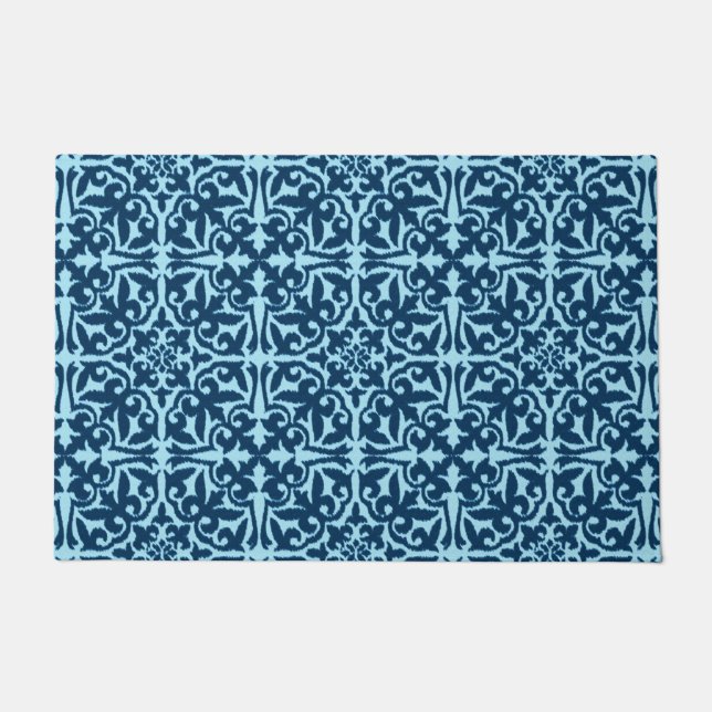 Ikat Damask Pattern, Dark Indigo en Light Blue Deurmat (Voorkant)