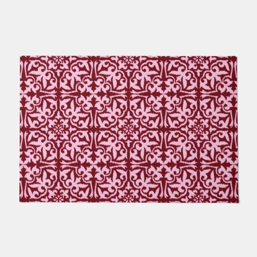 Ikat-damaskpatroon, bordeauxrood en roze deurmat (Voorkant)