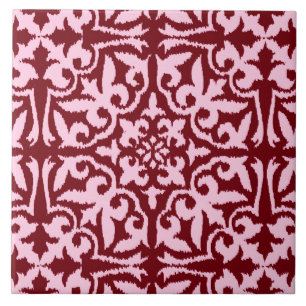 Ikat-damaspatroon - Bourgogne en roze Tegeltje