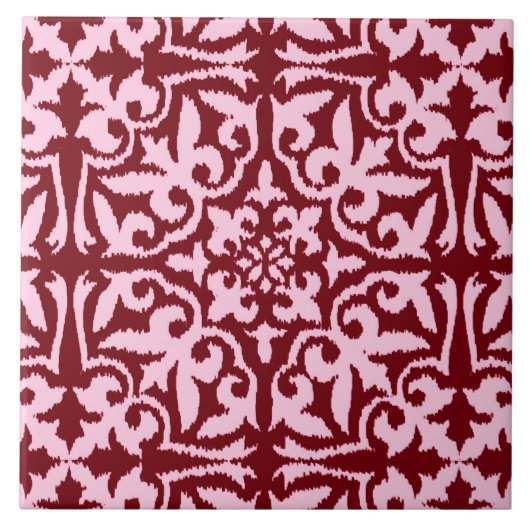 Ikat-damaspatroon - Bourgogne en roze Tegeltje (Voorkant)