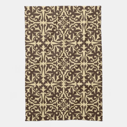 Ikat-damaspatroon - Chocolate Brown en Tan Theedoek (Verticaal)
