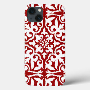 Ikat-damaspatroon - Donkerrood en wit iPhone 13 Hoesje
