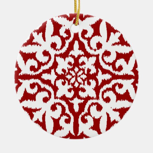 Ikat-damaspatroon - Donkerrood en wit Keramisch Ornament (Voorkant)