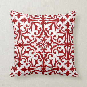 Ikat-damaspatroon - Donkerrood en wit Kussen