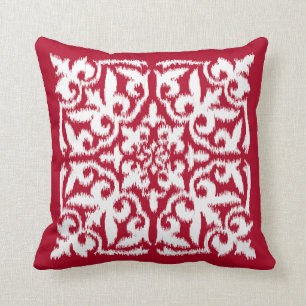 Ikat-damaspatroon - donkerrood en wit kussen