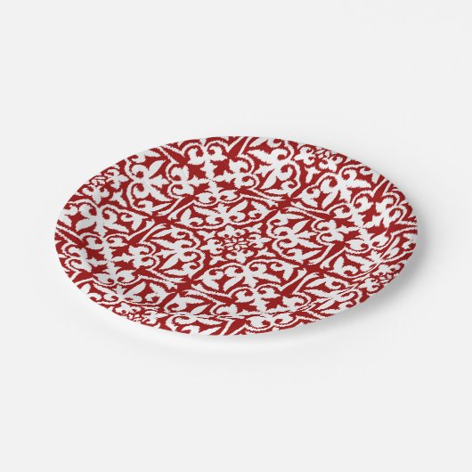 Ikat-damaspatroon - Donkerrood en wit Papieren Bordje (Gekanteld)
