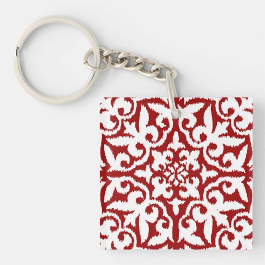 Ikat-damaspatroon - Donkerrood en wit Sleutelhanger (Voorkant)