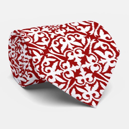 Ikat-damaspatroon - Donkerrood en wit Stropdas (Opgerold)
