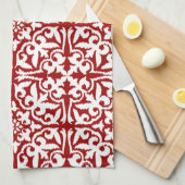 Ikat-damaspatroon - Donkerrood en wit Theedoek (Quarter Fold)