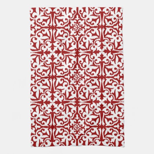 Ikat-damaspatroon - Donkerrood en wit Theedoek (Verticaal)