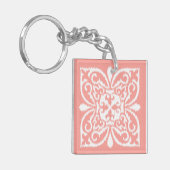 Ikat-damaspatroon - perzikroze en wit sleutelhanger (Voorkant Links)
