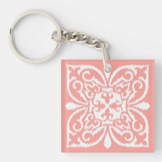 Ikat-damaspatroon - perzikroze en wit sleutelhanger (Voorkant)