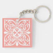 Ikat-damaspatroon - perzikroze en wit sleutelhanger (Achterkant)