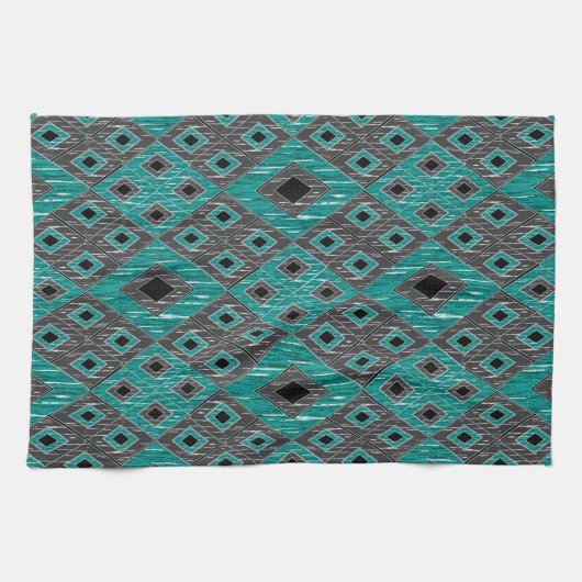 Ikat Diamond Pattern - Blauwgroen zwart Theedoek (Horizontaal)