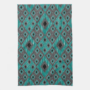 Ikat Diamond Pattern - Blauwgroen zwart Theedoek