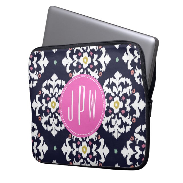 Ikat- en roze monogram laptop sleeve (Voorkant Links)