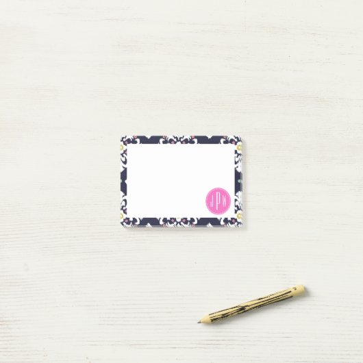 Ikat- en roze monogram post-it® notes (Op bureau)