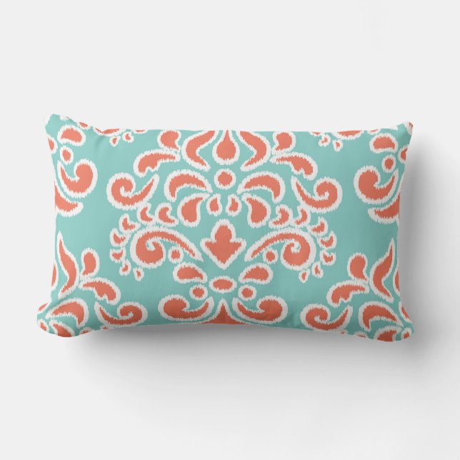 Ikat Floral Damask Aqua en Coral Buitenkussen (Voorkant)