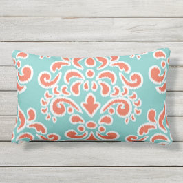 Ikat Floral Damask Aqua en Coral Buitenkussen