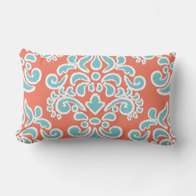 Ikat Floral Damask Aqua en Coral Buitenkussen (Voorkant)