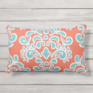 Ikat Floral Damask Aqua en Coral Buitenkussen