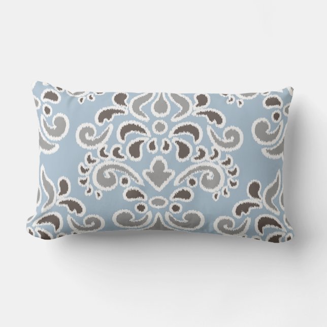 Ikat Floral Damask Blue Brown Grey Buitenkussen (Voorkant)