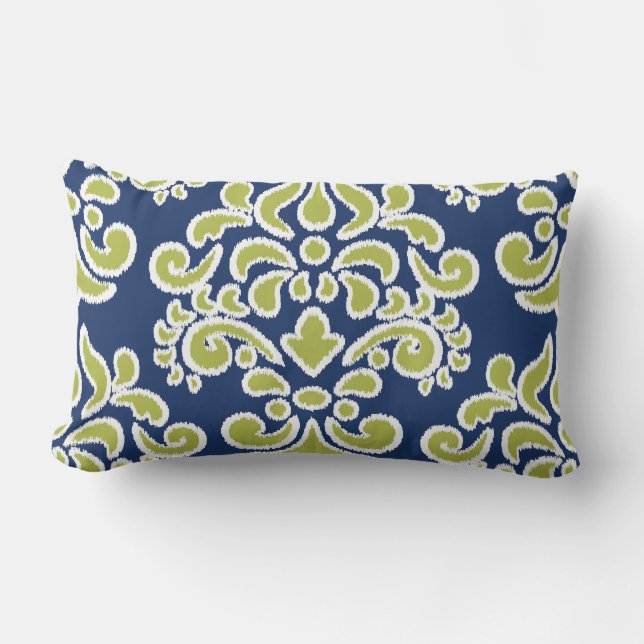 Ikat Floral Damask Blue en Chatreuse Buitenkussen (Voorkant)