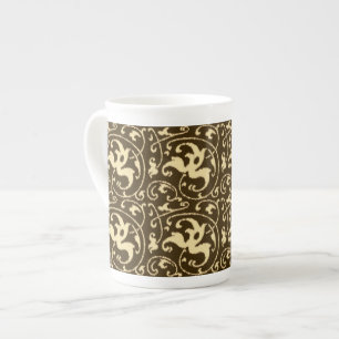 Ikat Floral Damask - Chocolate Brown en Tan Porselein Kop