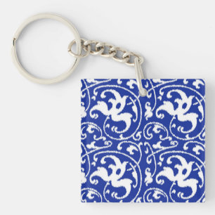 Ikat Floral Damask - Cobalt Blue en White Sleutelhanger