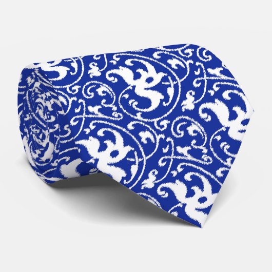 Ikat Floral Damask - Cobalt Blue en White Stropdas (Opgerold)