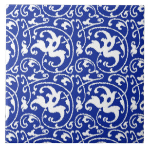 Ikat Floral Damask - Cobalt Blue en White Tegeltje