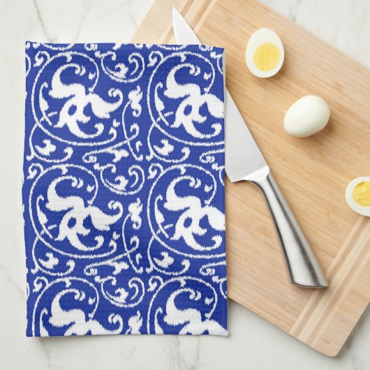 Ikat Floral Damask - Cobalt Blue en White Theedoek (Quarter Fold)