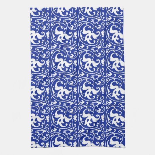 Ikat Floral Damask - Cobalt Blue en White Theedoek (Verticaal)