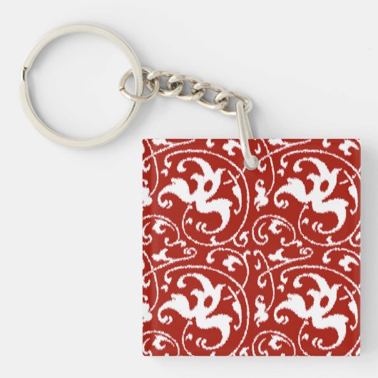 Ikat Floral Damask - Donkerrood en wit Sleutelhanger (Voorkant)