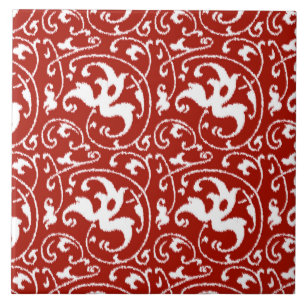 Ikat Floral Damask - Donkerrood en wit Tegeltje