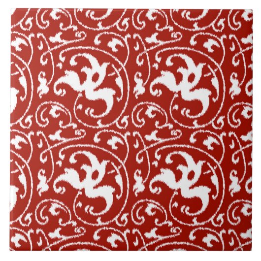 Ikat Floral Damask - Donkerrood en wit Tegeltje (Voorkant)
