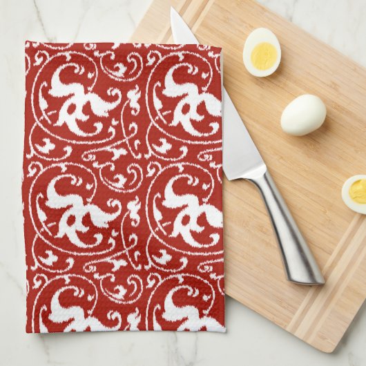 Ikat Floral Damask - Donkerrood en wit Theedoek (Quarter Fold)