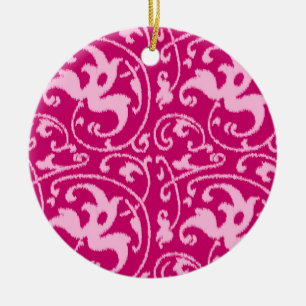 Ikat Floral Damask - Fuchsia and Bleek roze Keramisch Ornament