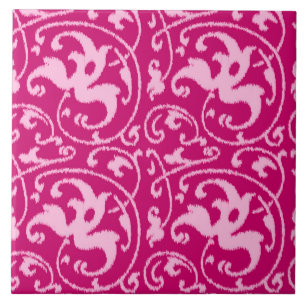 Ikat Floral Damask - Fuchsia and Bleek roze Tegeltje