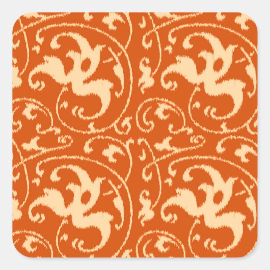 Ikat Floral Damask - Mandarijns Sinaasappel Vierkante Sticker (Voorkant)