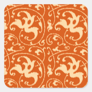 Ikat Floral Damask - Mandarijns Sinaasappel Vierkante Sticker