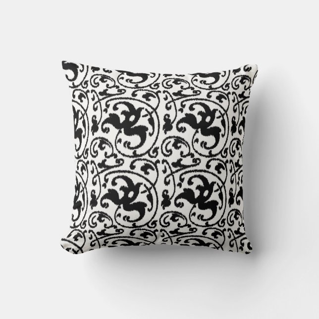 Ikat Floral Damask - White en Black Kussen (Voorkant)