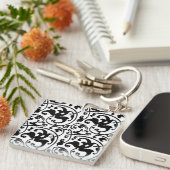 Ikat Floral Damask - White en Black Sleutelhanger (Voorkant Rechts)
