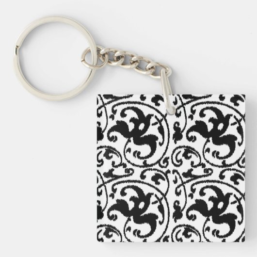 Ikat Floral Damask - White en Black Sleutelhanger (Voorkant)