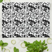 Ikat Floral Damask - White en Black Theedoek (Gevouwen)