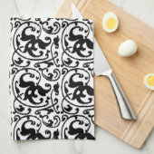 Ikat Floral Damask - White en Black Theedoek (Quarter Fold)