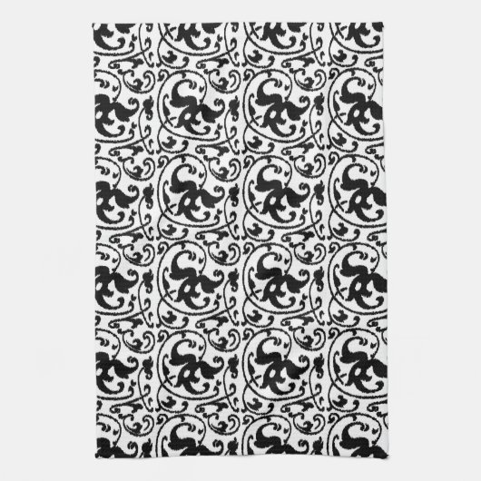 Ikat Floral Damask - White en Black Theedoek (Verticaal)
