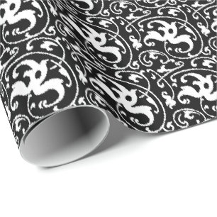 Ikat Floral Damask - zwart en wit Cadeaupapier